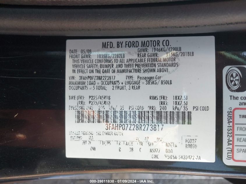 2008 Ford Fusion Se VIN: 3FAHP07Z28R273817 Lot: 39811830