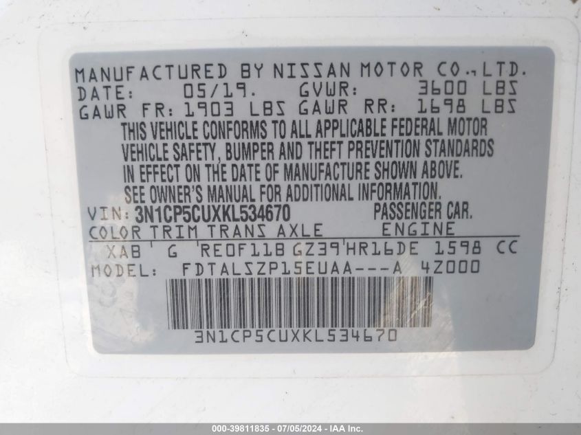 2019 Nissan Kicks Sv VIN: 3N1CP5CUXKL534670 Lot: 39811835