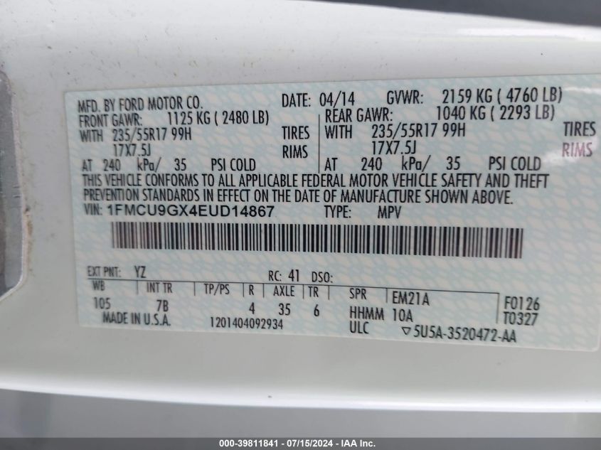 2014 Ford Escape Se VIN: 1FMCU9GX4EUD14867 Lot: 39811841