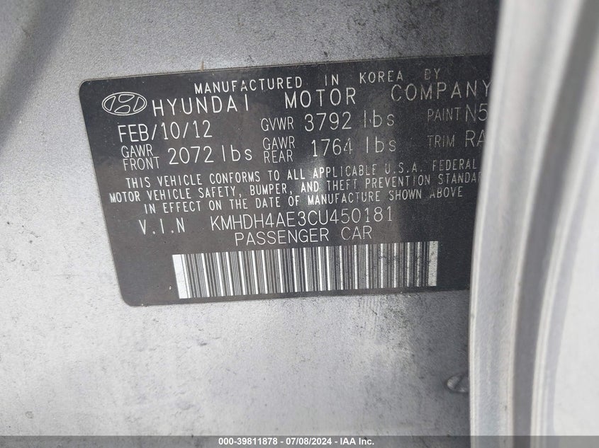 2012 Hyundai Elantra Gls (Ulsan Plant) VIN: KMHDH4AE3CU450181 Lot: 39811878