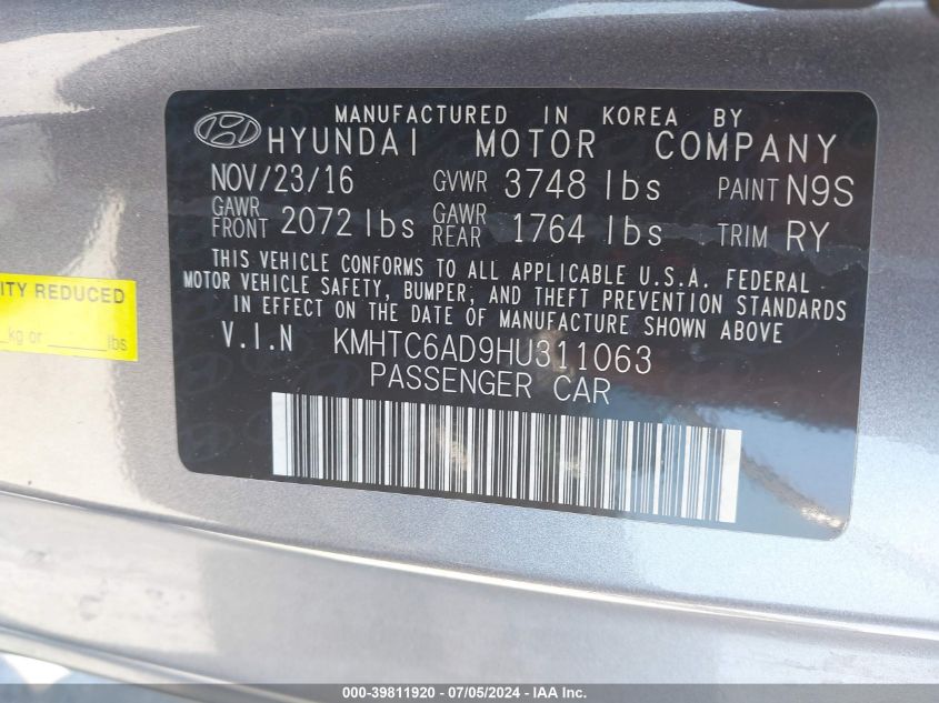 2017 Hyundai Veloster VIN: KMHTC6AD9HU311063 Lot: 39811920