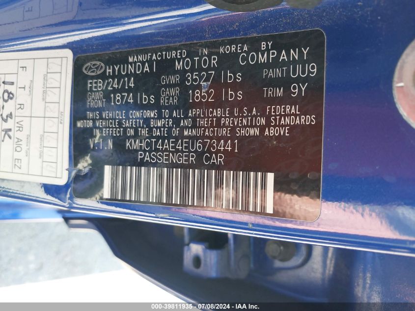 2014 Hyundai Accent Gls/Gs VIN: KMHCT4AE4EU673441 Lot: 39811935