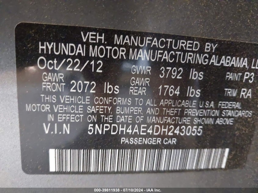 2013 Hyundai Elantra Gls/Limited VIN: 5NPDH4AE4DH243055 Lot: 39811938