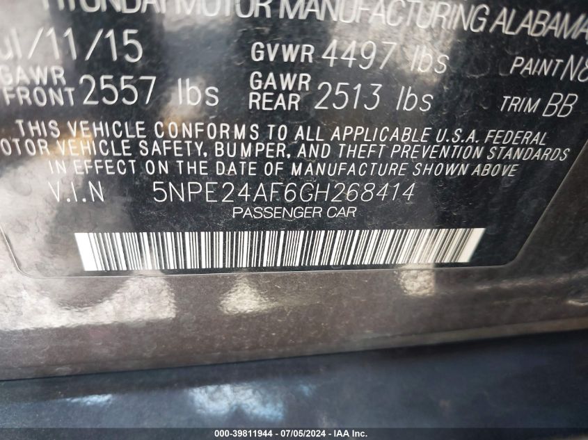 2016 Hyundai Sonata Se VIN: 5NPE24AF6GH268414 Lot: 39811944