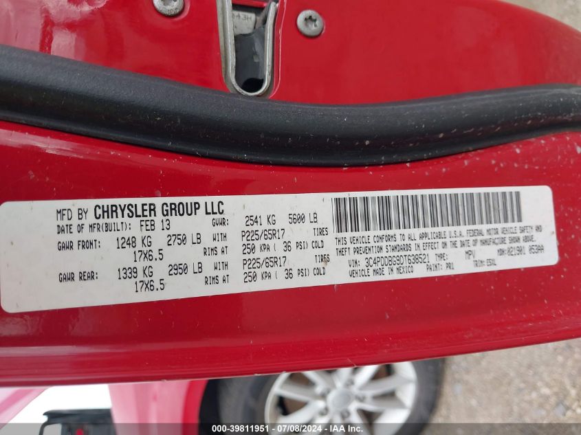 2013 Dodge Journey Sxt VIN: 3C4PDDBG9DT638521 Lot: 39811951