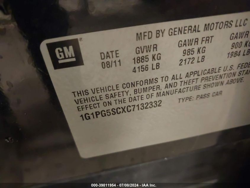 2012 Chevrolet Cruze 2Lt VIN: 1G1PG5SCXC7132332 Lot: 39811954