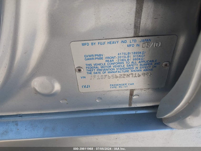 2002 Subaru Forester S VIN: JF1SF65622H716996 Lot: 39811968