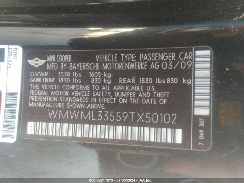 2009 Mini Cooper Clubman VIN: WMWML33559TX50102 Lot: 39811979