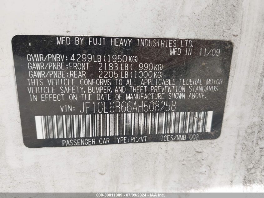 2010 Subaru Impreza 2.5I Premium VIN: JF1GE6B66AH508258 Lot: 39811989