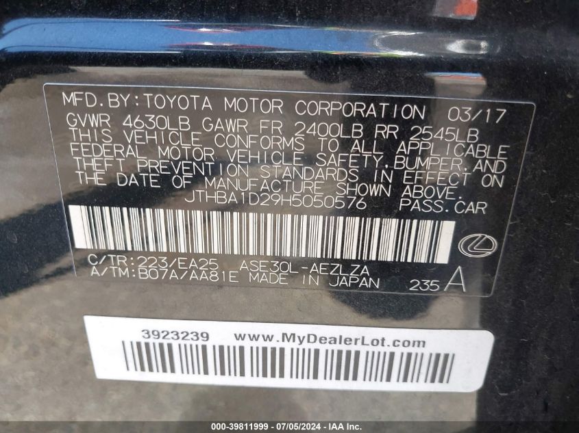 2017 Lexus Is 200T VIN: JTHBA1D29H5050576 Lot: 39811999