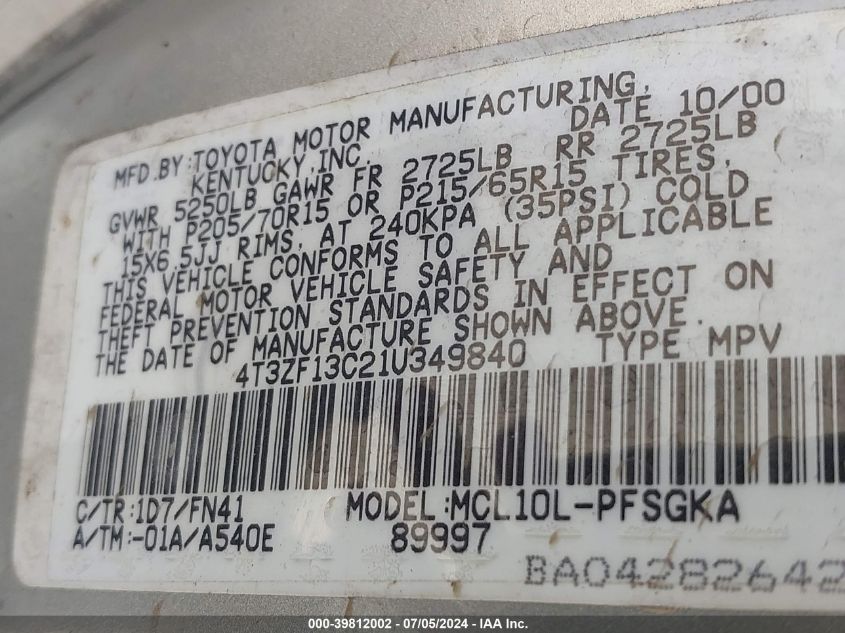 2001 Toyota Sienna Le VIN: 4T3ZF13C21U349840 Lot: 39812002