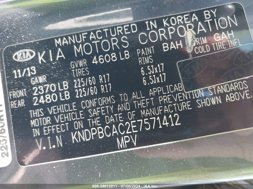 2014 Kia Sportage Lx VIN: KNDPBCAC2E7571412 Lot: 39812011