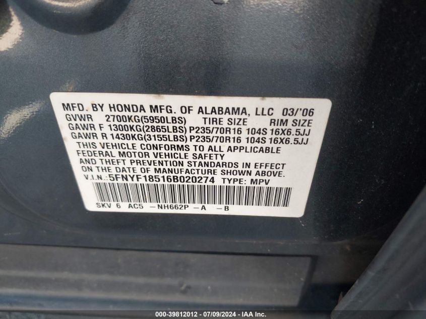 2006 Honda Pilot Ex-L VIN: 5FNYF18516B020274 Lot: 39812012