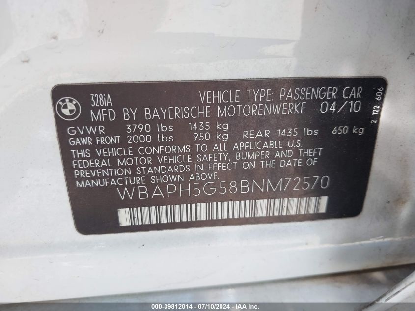 2011 BMW 328I VIN: WBAPH5G58BNM72570 Lot: 39812014