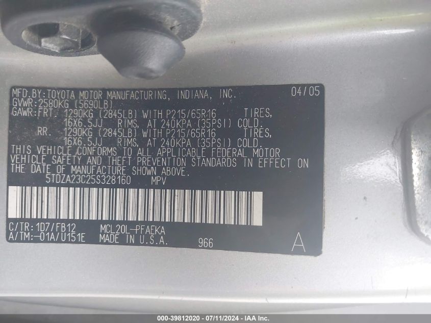 2005 Toyota Sienna Le VIN: 5TDZA23C25S328160 Lot: 39812020