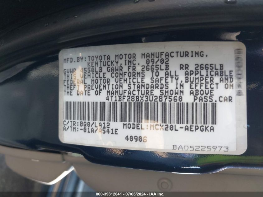 2003 Toyota Avalon Xls VIN: 4T1BF28BX3U287560 Lot: 39812041