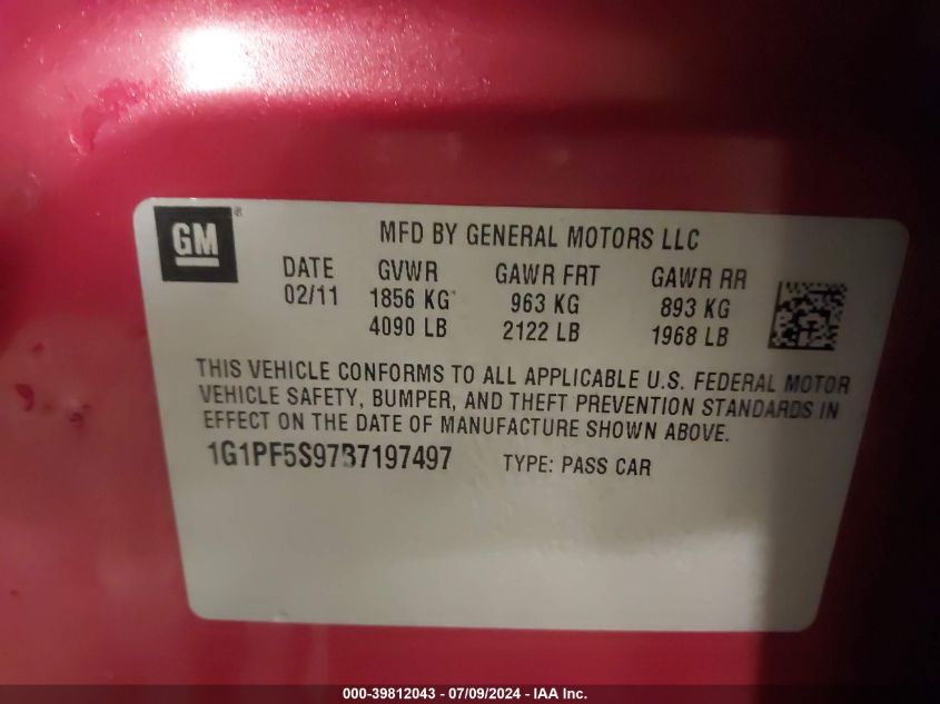 2011 Chevrolet Cruze 1Lt VIN: 1G1PF5S97B7197497 Lot: 39812043