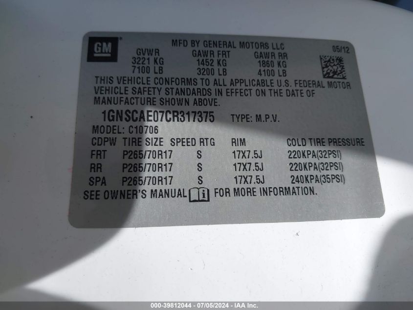 2012 Chevrolet Tahoe Ls VIN: 1GNSCAE07CR317375 Lot: 39812044