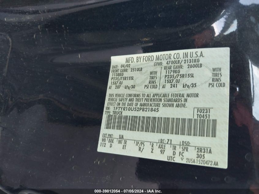 2002 Ford Ranger Edge/Xl/Xlt VIN: 1FTYR10U52PB21845 Lot: 39812054