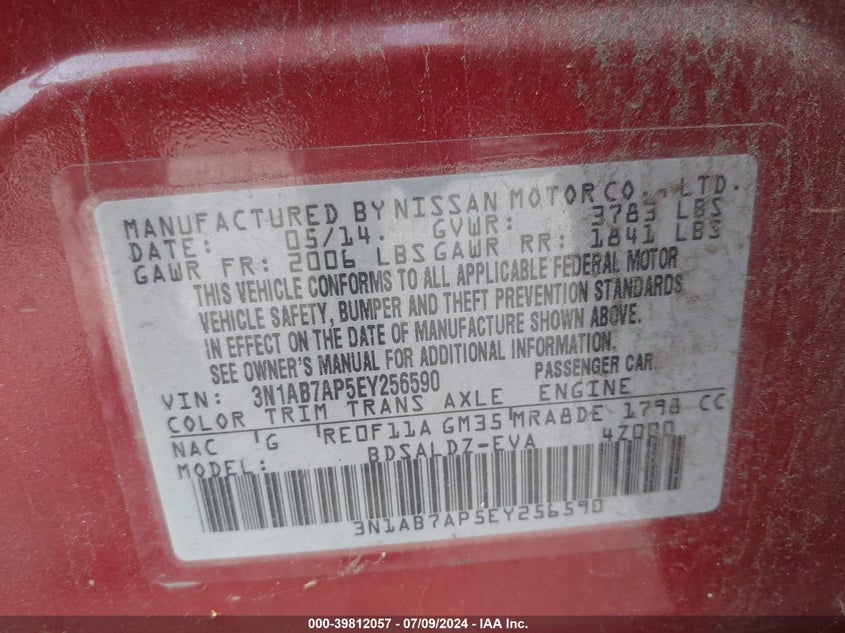 2014 Nissan Sentra Fe+ S/Fe+ Sv/S/Sl/Sr/Sv VIN: 3N1AB7AP5EY256590 Lot: 39812057