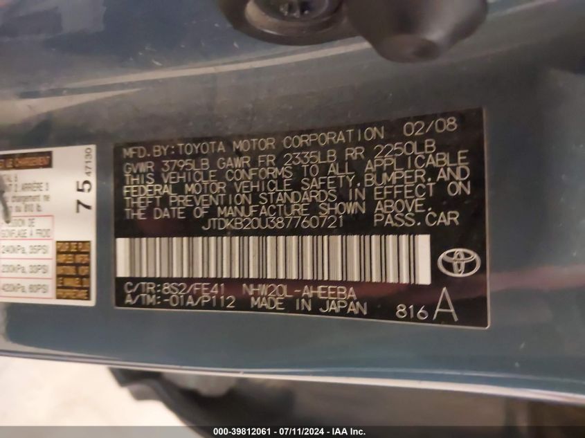 2008 Toyota Prius VIN: JTDKB20U387760721 Lot: 39812061