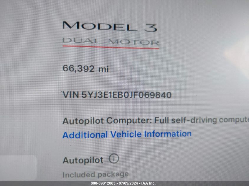 2018 Tesla Model 3 VIN: 5YJ3E1EB0JF069840 Lot: 39812083