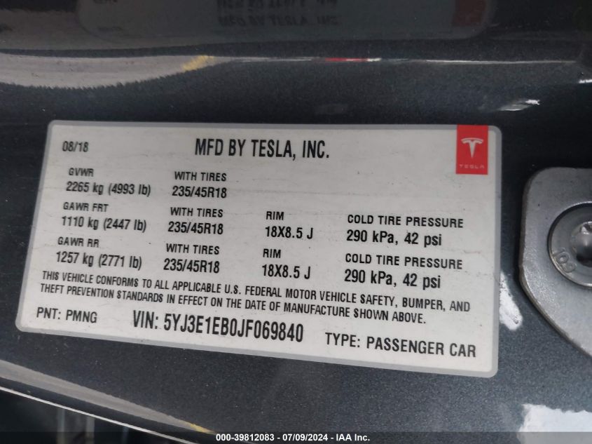 2018 Tesla Model 3 VIN: 5YJ3E1EB0JF069840 Lot: 39812083