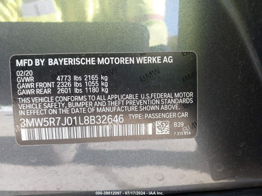 2020 BMW 3 Series 330I xDrive VIN: 3MW5R7J01L8B32646 Lot: 39812097