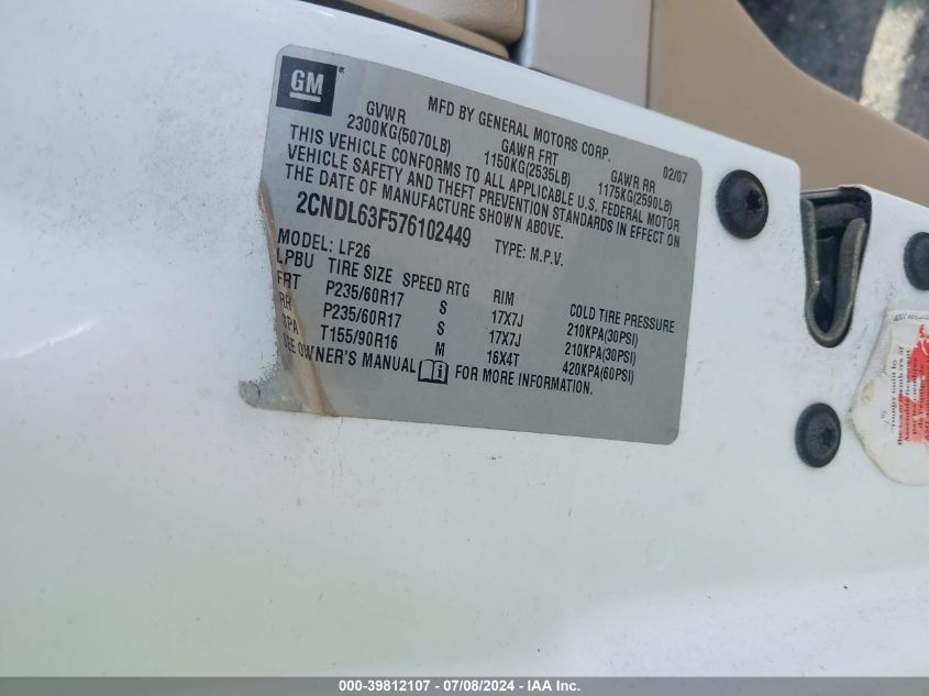 2007 Chevrolet Equinox Lt VIN: 2CNDL63F576102449 Lot: 39812107