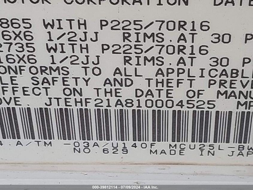 2001 Toyota Highlander V6 VIN: JTEHF21A810004525 Lot: 39812114