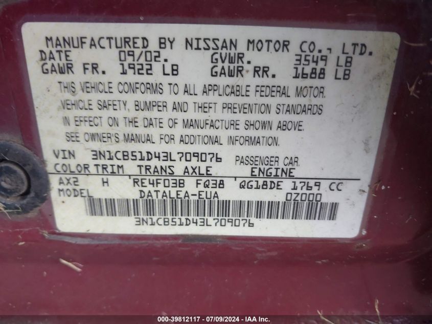 2003 Nissan Sentra Gxe VIN: 3N1CB51D43L709076 Lot: 39812117