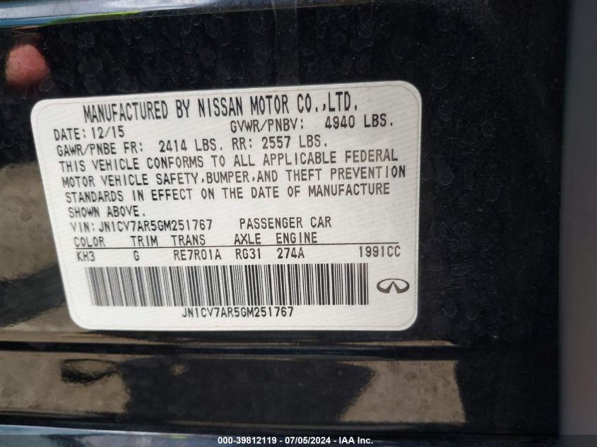 2016 Infiniti Q50 2.0T Base VIN: JN1CV7AR5GM251767 Lot: 39812119