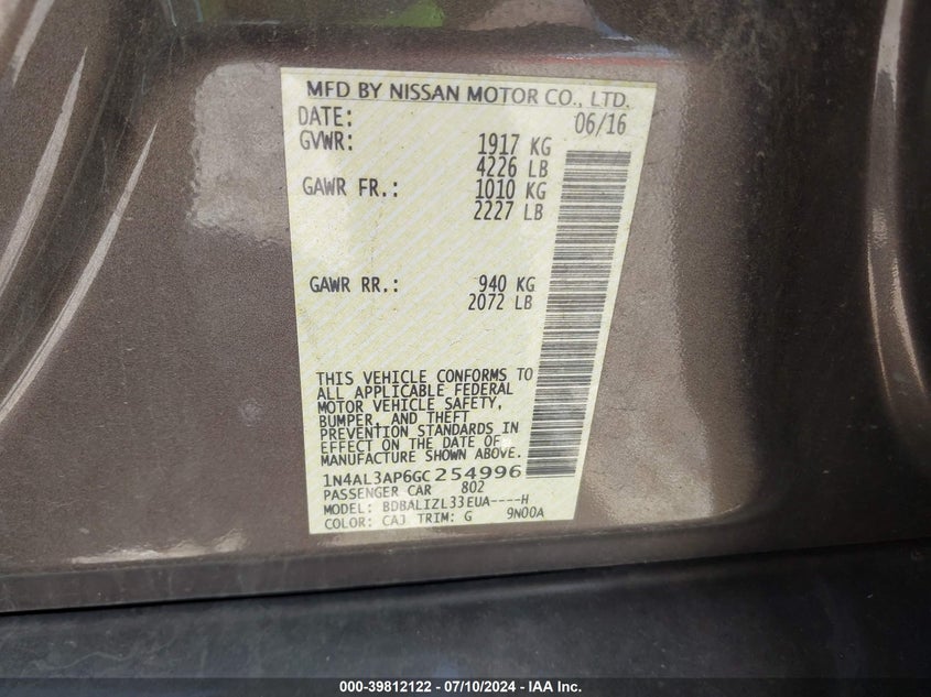 2016 NISSAN ALTIMA 2.5 SV - 1N4AL3AP6GC254996