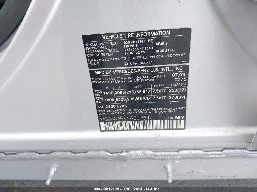 2006 Mercedes-Benz Ml 350 4Matic VIN: 4JGBB86EX6A027614 Lot: 39812128
