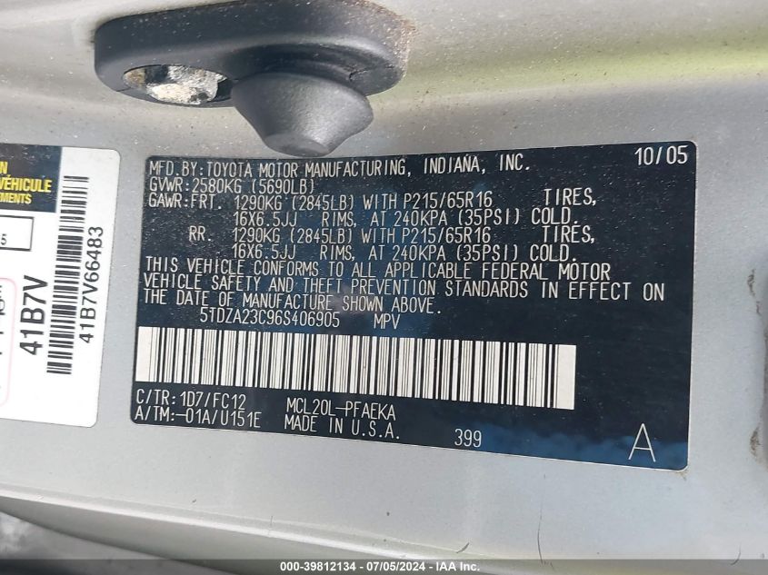2006 Toyota Sienna Le VIN: 5TDZA23C96S406905 Lot: 39812134