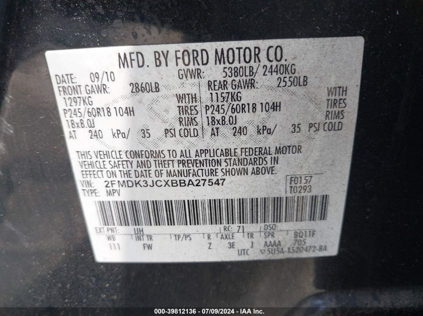 2011 Ford Edge Sel VIN: 2FMDK3JCXBBA27547 Lot: 39812136