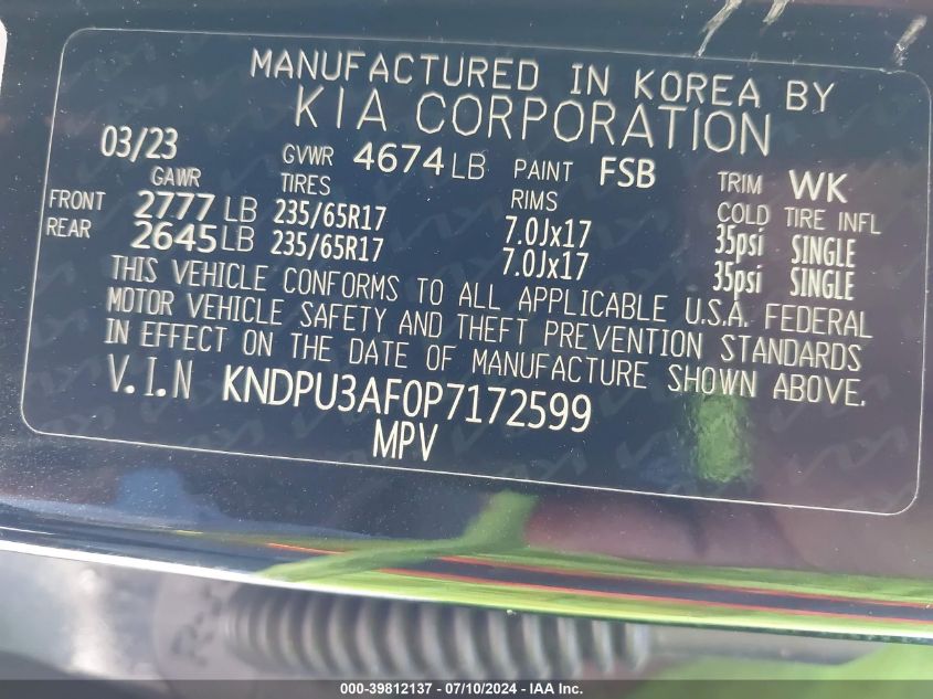 2023 Kia Sportage Lx VIN: KNDPU3AF0P7172599 Lot: 39812137
