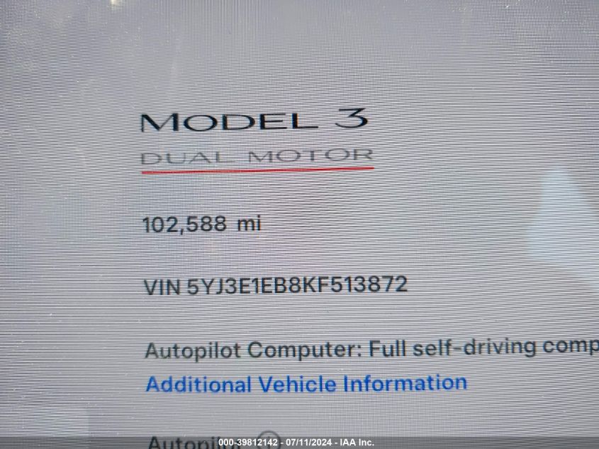 2019 Tesla Model 3 Long Range/Performance VIN: 5YJ3E1EB8KF513872 Lot: 39812142