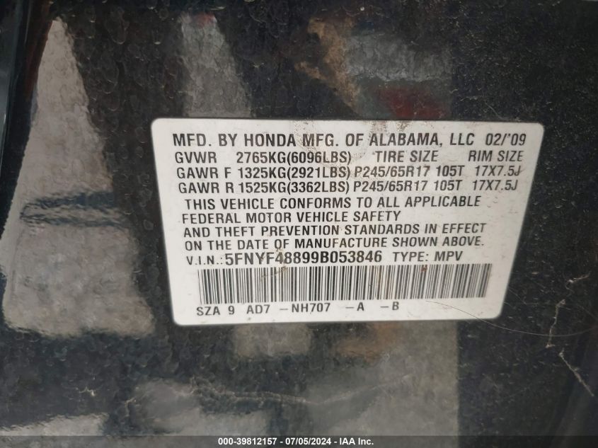 2009 Honda Pilot Touring VIN: 5FNYF48899B053846 Lot: 39812157
