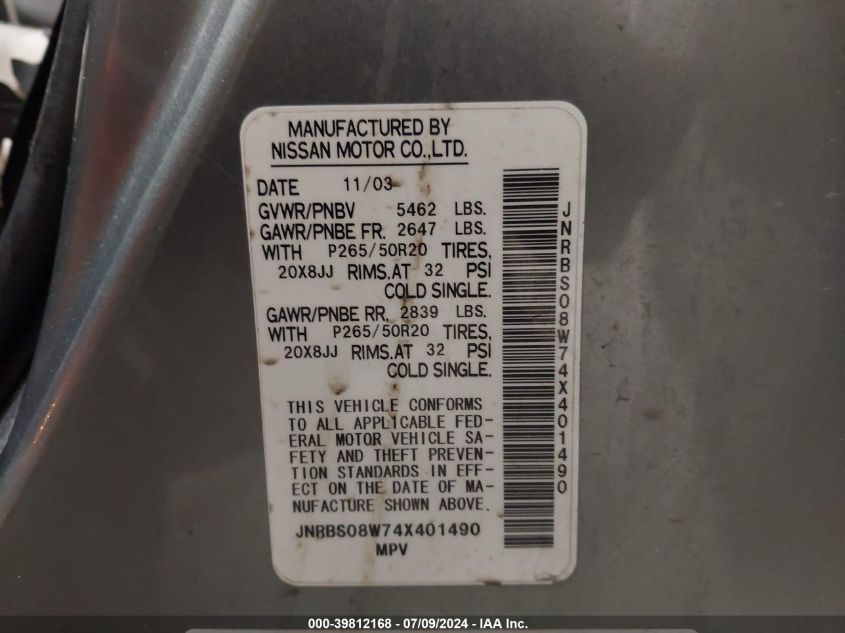 2004 Infiniti Fx45 VIN: JNRBS08W74X401490 Lot: 39812168