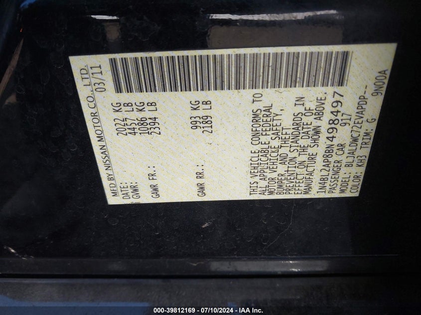 2011 Nissan Altima 3.5 Sr VIN: 1N4BL2AP8BN498497 Lot: 39812169