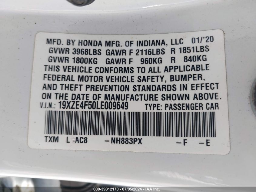 2020 Honda Insight Ex VIN: 19XZE4F50LE009649 Lot: 39812170