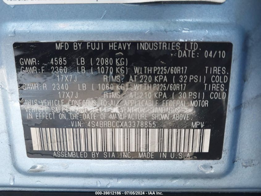 2010 Subaru Outback 2.5I Premium VIN: 4S4BRBCCXA3378855 Lot: 39812186