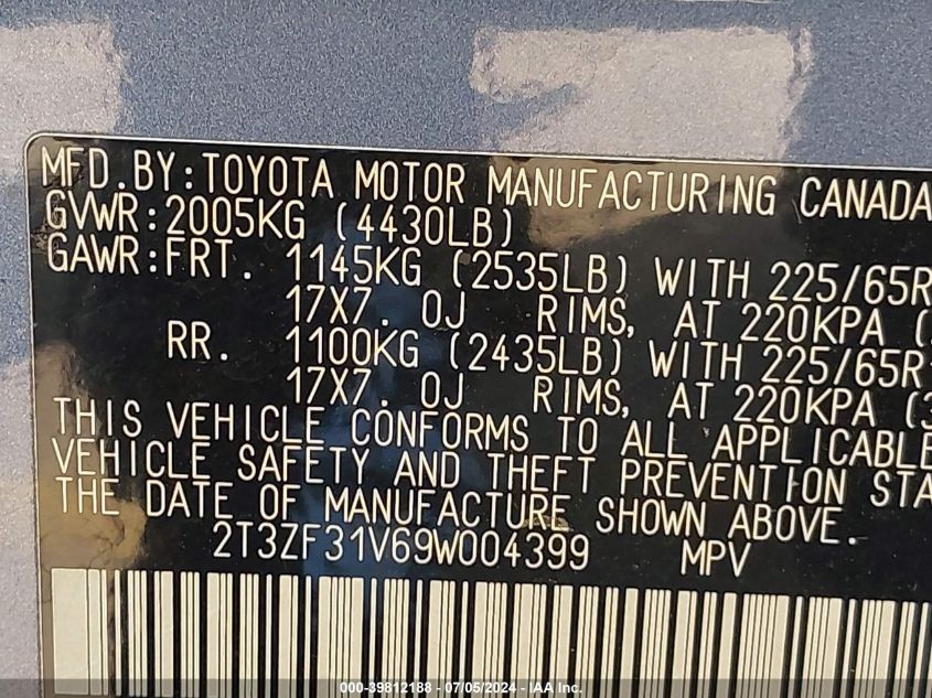 2009 Toyota Rav4 Limited VIN: 2T3ZF31V69W004399 Lot: 39812188