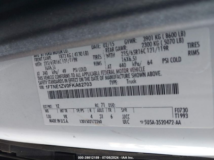 2015 Ford Transit-150 VIN: 1FTNE1ZV0FKA62703 Lot: 39812189