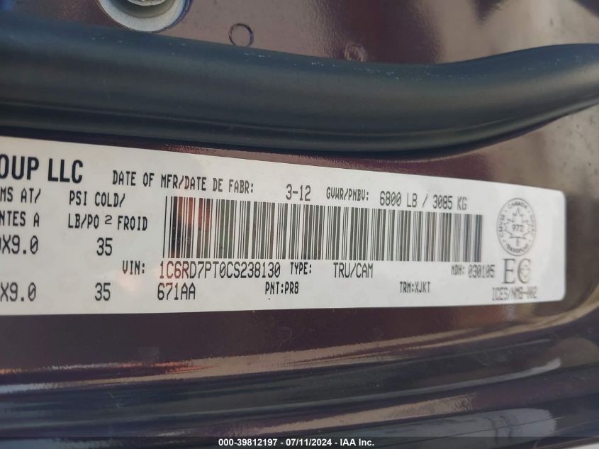 2012 Ram 1500 Laramie Longhorn Edition VIN: 1C6RD7PT0CS238130 Lot: 39812197