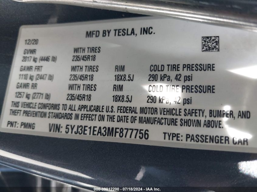 2021 Tesla Model 3 VIN: 5YJ3E1EA3MF877756 Lot: 39812200