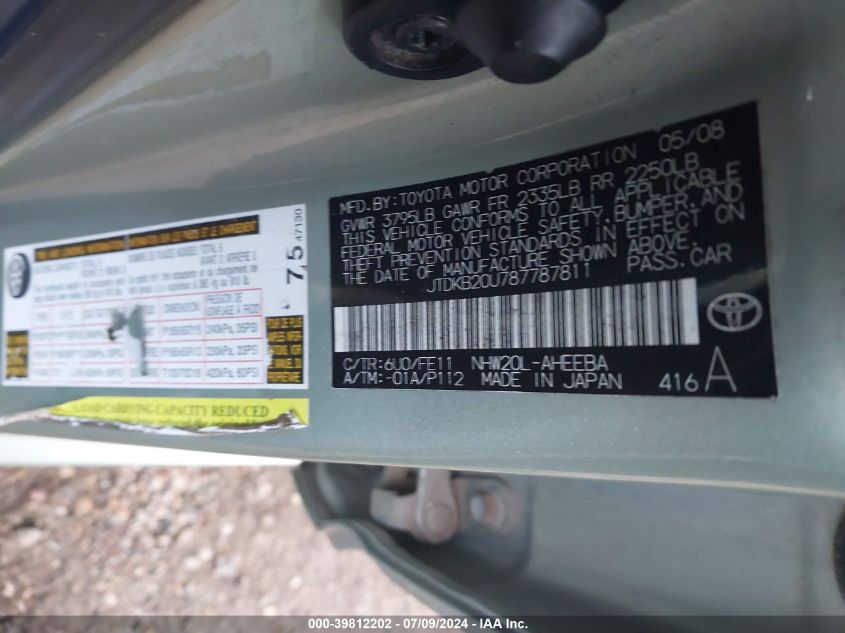2008 Toyota Prius VIN: JTDKB20U787787811 Lot: 39812202