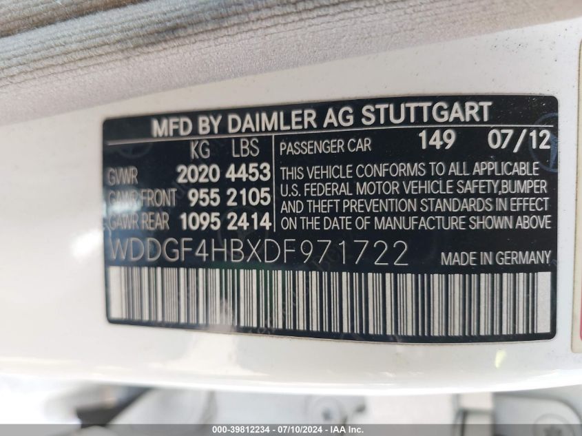 2013 Mercedes-Benz C 250 Luxury/Sport VIN: WDDGF4HBXDF971722 Lot: 39812234