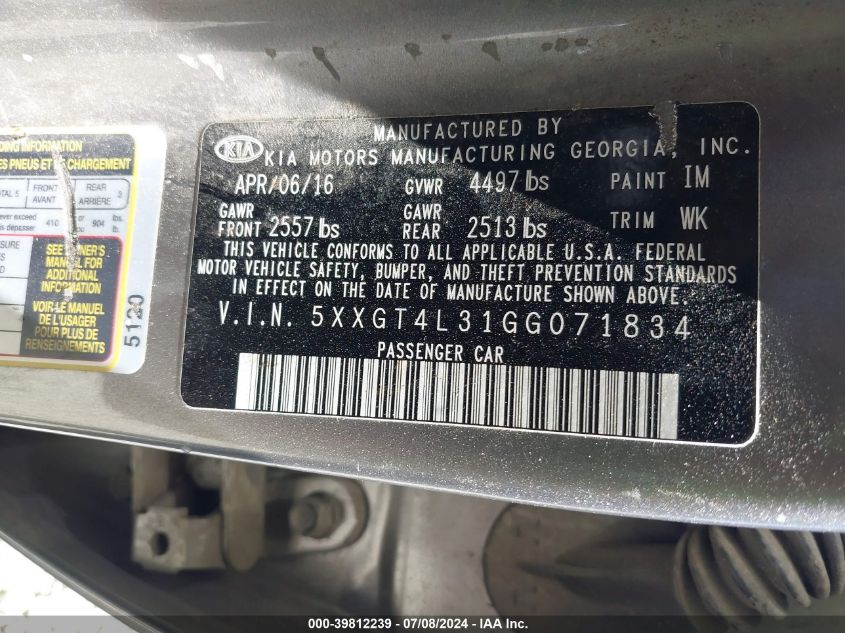 5XXGT4L31GG071834 2016 Kia Optima Lx